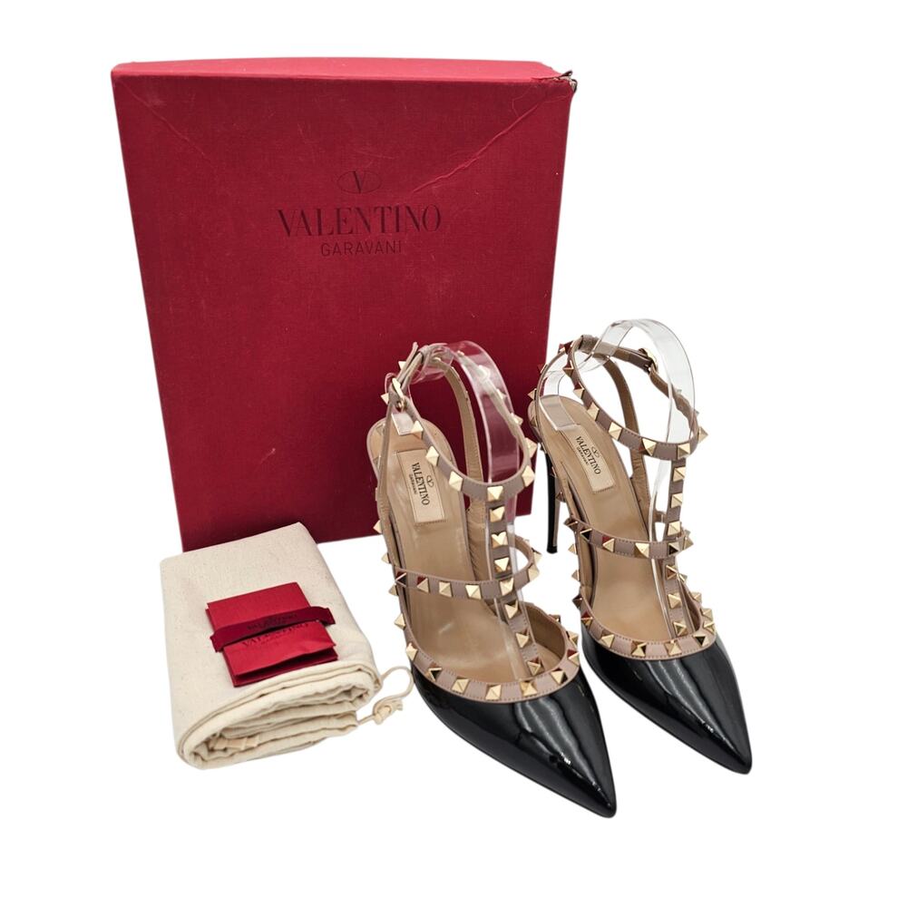 Valentino Garavani Rockstud Heel Pump Cage Black Patent Leather Tan Size 40 10 - Picture 2 of 16